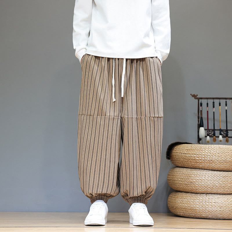 Fall Striped Pattern Drawstring Men's Harem Corduroy Pants With Pockets