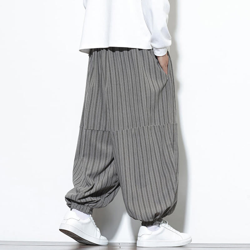 Fall Striped Pattern Drawstring Men's Harem Corduroy Pants With Pockets
