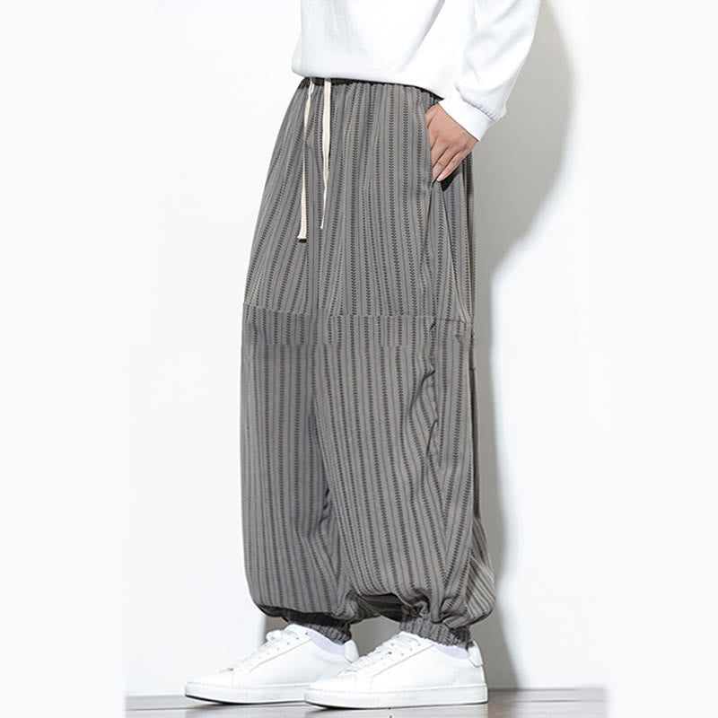 Fall Striped Pattern Drawstring Men's Harem Corduroy Pants With Pockets