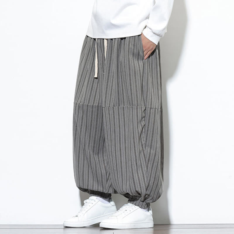 Fall Striped Pattern Drawstring Men's Harem Corduroy Pants With Pockets