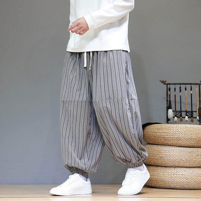 Fall Striped Pattern Drawstring Men's Harem Corduroy Pants With Pockets
