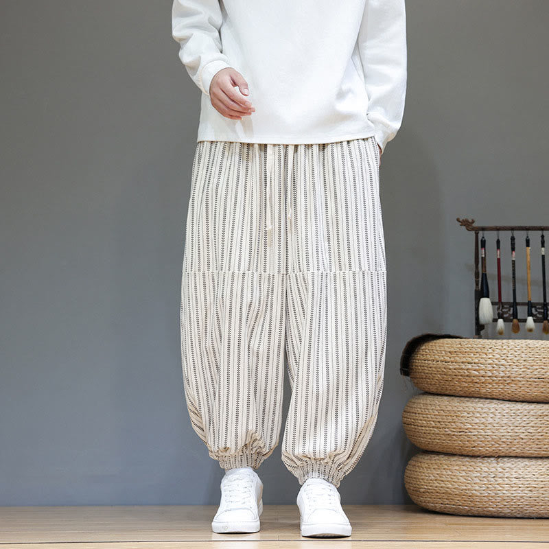 Fall Striped Pattern Drawstring Men's Harem Corduroy Pants With Pockets