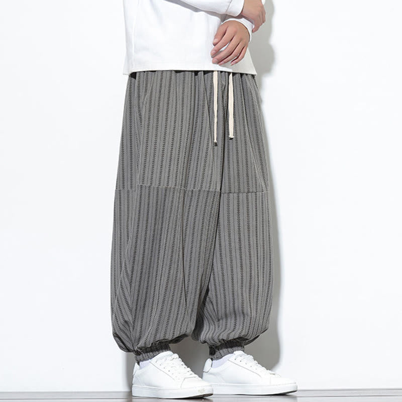 Fall Striped Pattern Drawstring Men's Harem Corduroy Pants With Pockets
