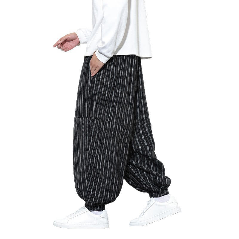 Fall Striped Pattern Drawstring Men's Harem Corduroy Pants With Pockets