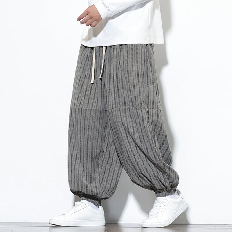 Fall Striped Pattern Drawstring Men's Harem Corduroy Pants With Pockets