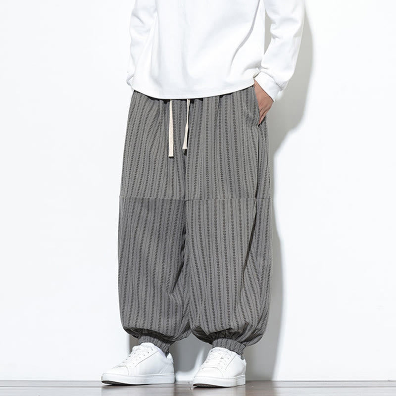 Fall Striped Pattern Drawstring Men's Harem Corduroy Pants With Pockets