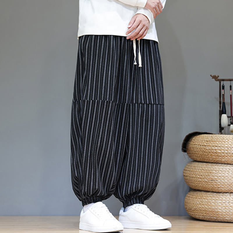 Fall Striped Pattern Drawstring Men's Harem Corduroy Pants With Pockets