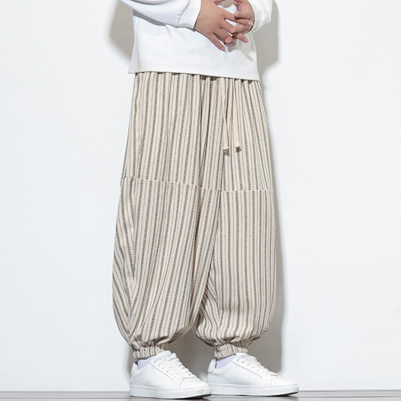 Fall Striped Pattern Drawstring Men's Harem Corduroy Pants With Pockets