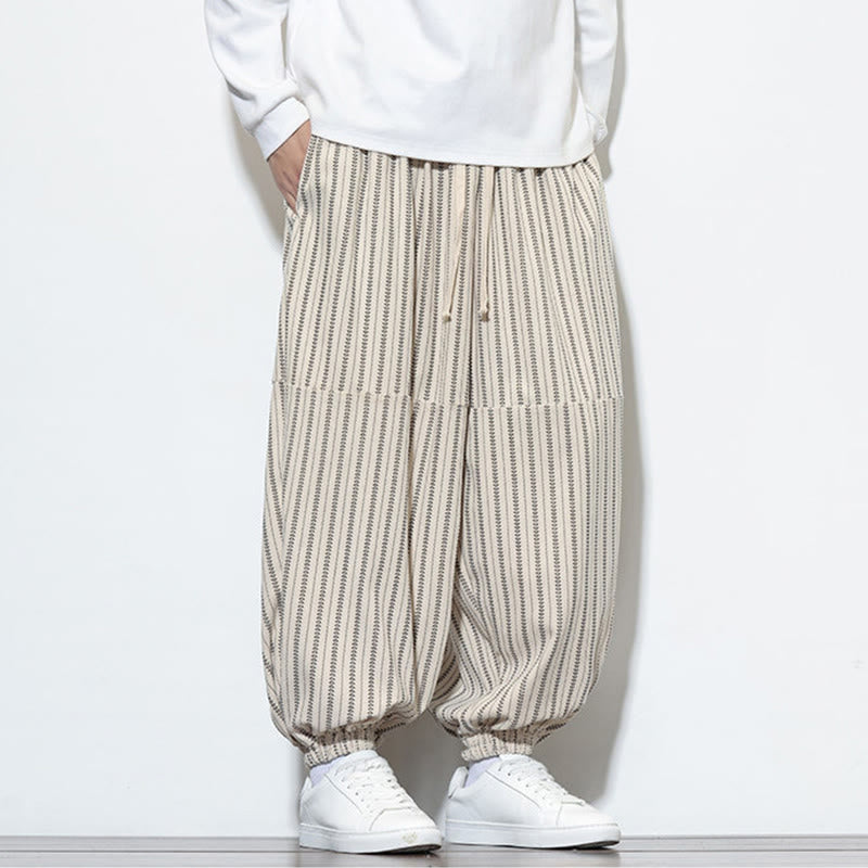 Fall Striped Pattern Drawstring Men's Harem Corduroy Pants With Pockets