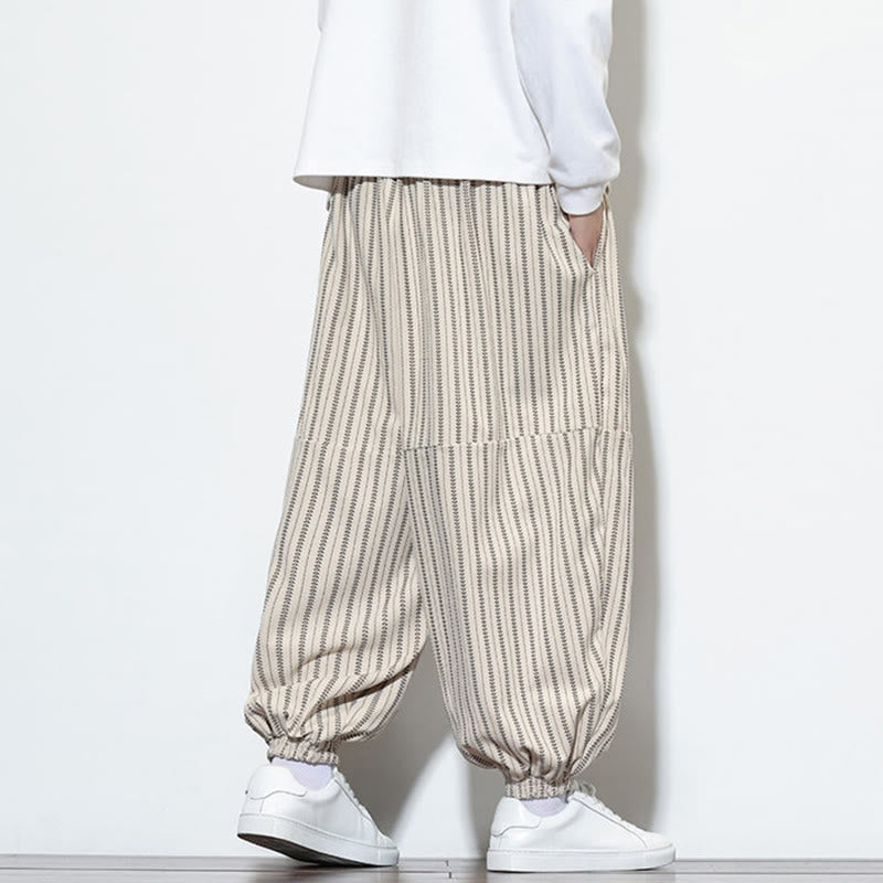 Fall Striped Pattern Drawstring Men's Harem Corduroy Pants With Pockets