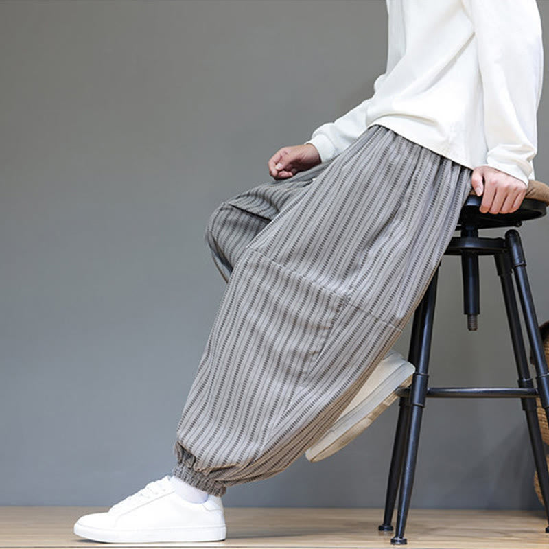 Fall Striped Pattern Drawstring Men's Harem Corduroy Pants With Pockets