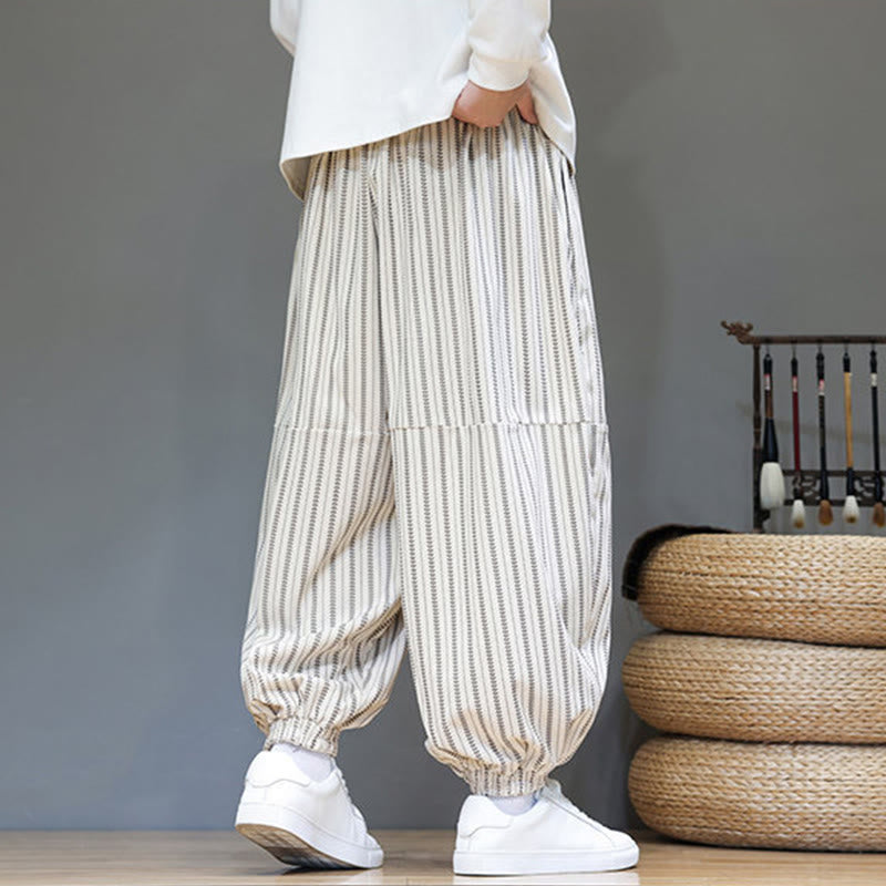 Fall Striped Pattern Drawstring Men's Harem Corduroy Pants With Pockets