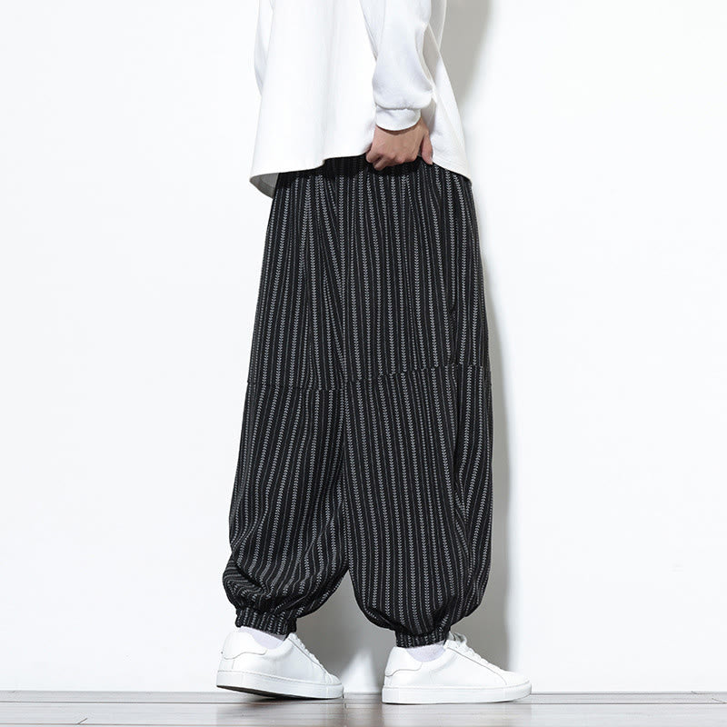 Fall Striped Pattern Drawstring Men's Harem Corduroy Pants With Pockets
