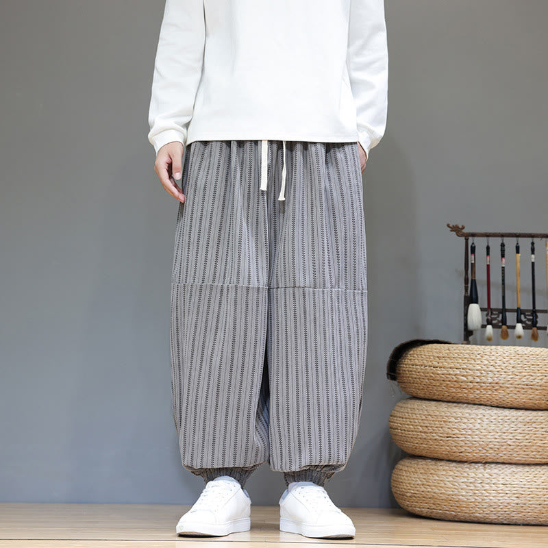 Fall Striped Pattern Drawstring Men's Harem Corduroy Pants With Pockets
