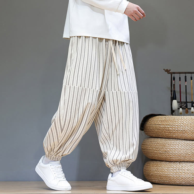 Fall Striped Pattern Drawstring Men's Harem Corduroy Pants With Pockets