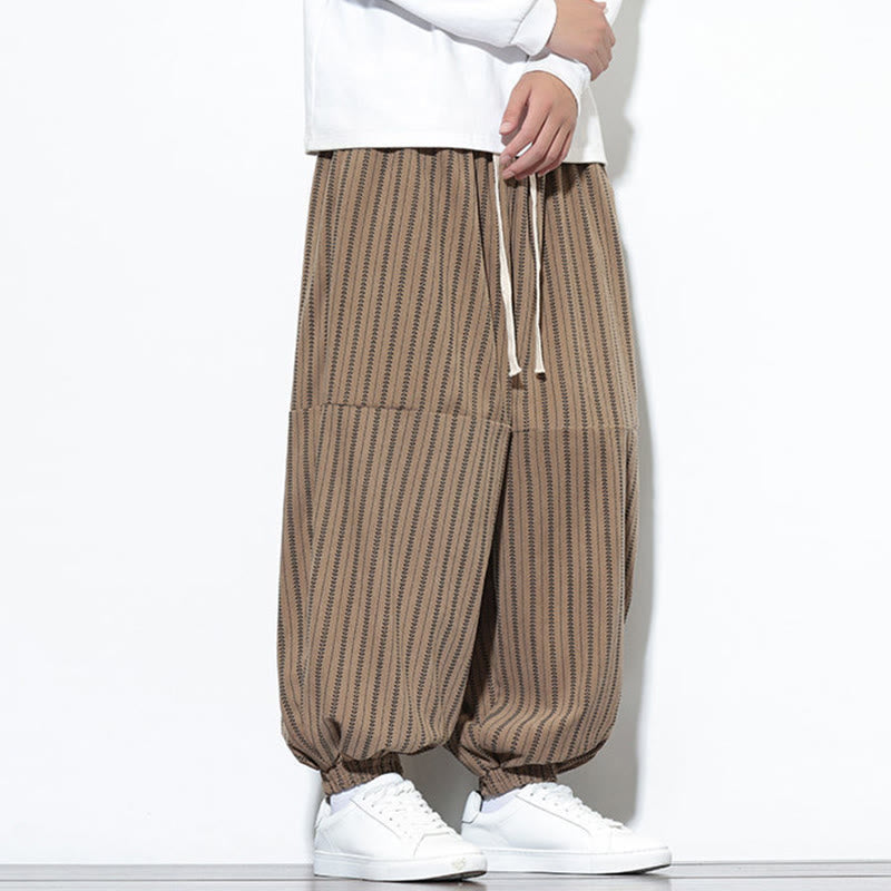 Fall Striped Pattern Drawstring Men's Harem Corduroy Pants With Pockets