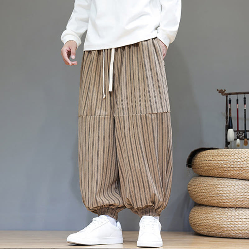 Fall Striped Pattern Drawstring Men's Harem Corduroy Pants With Pockets
