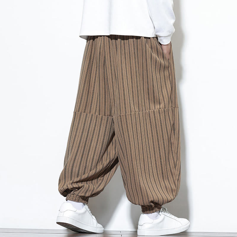 Fall Striped Pattern Drawstring Men's Harem Corduroy Pants With Pockets