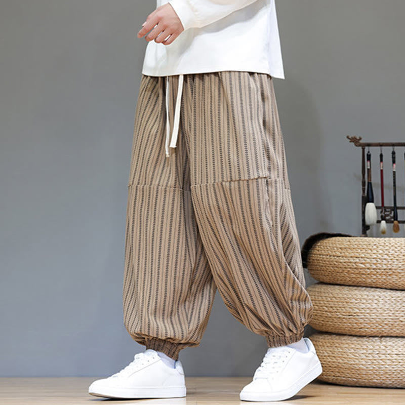 Fall Striped Pattern Drawstring Men's Harem Corduroy Pants With Pockets
