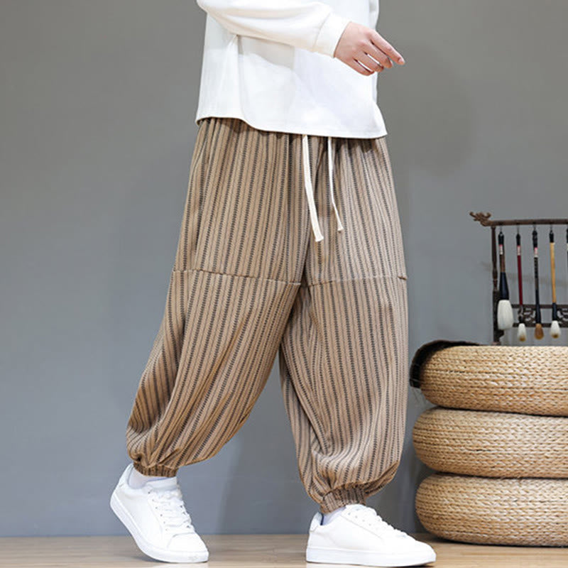 Fall Striped Pattern Drawstring Men's Harem Corduroy Pants With Pockets