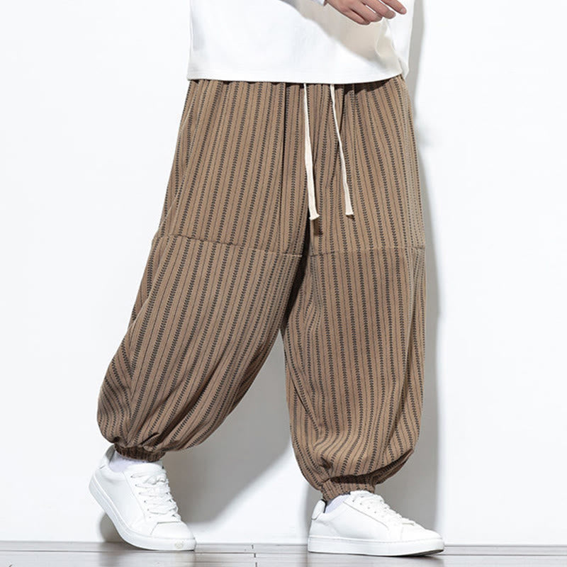 Fall Striped Pattern Drawstring Men's Harem Corduroy Pants With Pockets