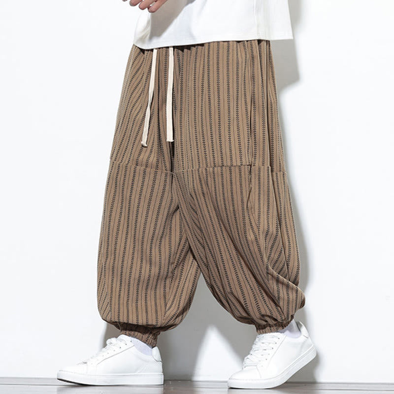Fall Striped Pattern Drawstring Men's Harem Corduroy Pants With Pockets