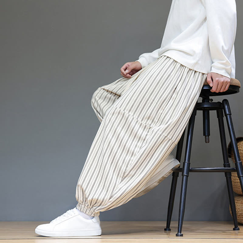 Fall Striped Pattern Drawstring Men's Harem Corduroy Pants With Pockets