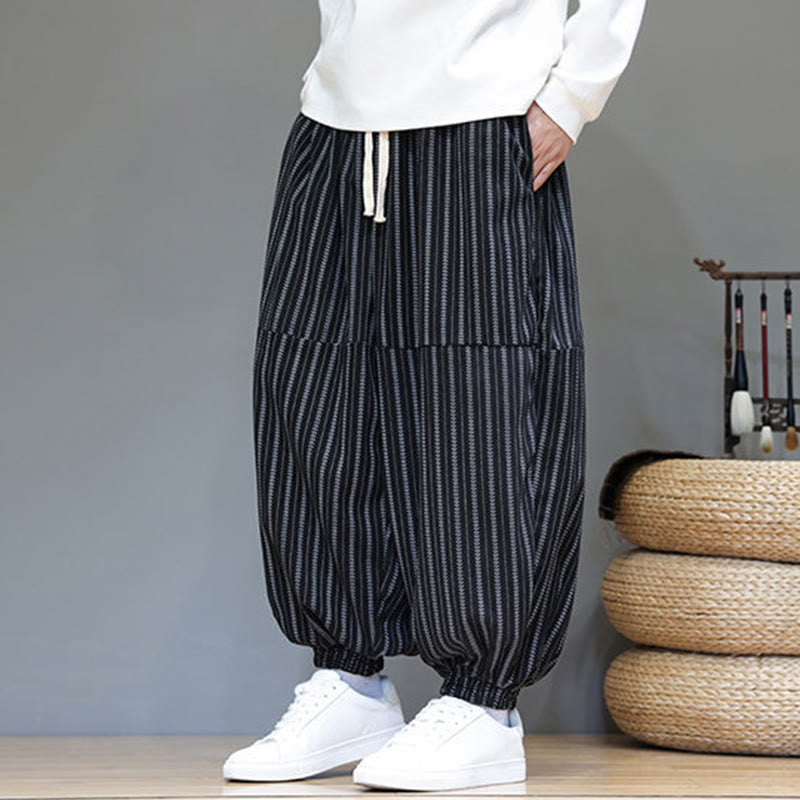Fall Striped Pattern Drawstring Men's Harem Corduroy Pants With Pockets