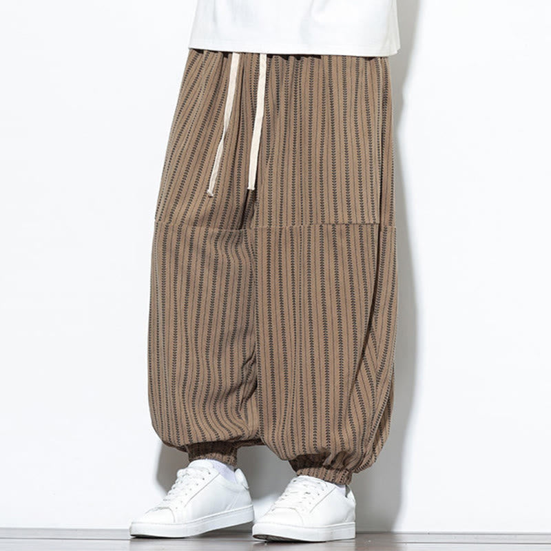 Fall Striped Pattern Drawstring Men's Harem Corduroy Pants With Pockets