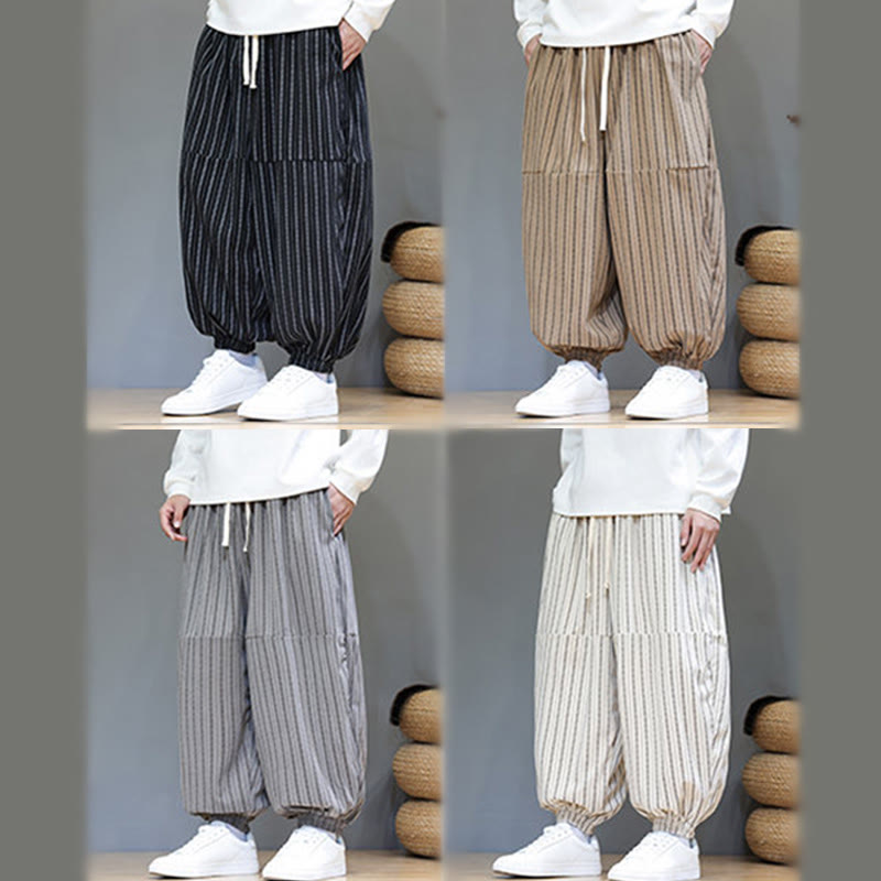Fall Striped Pattern Drawstring Men's Harem Corduroy Pants With Pockets