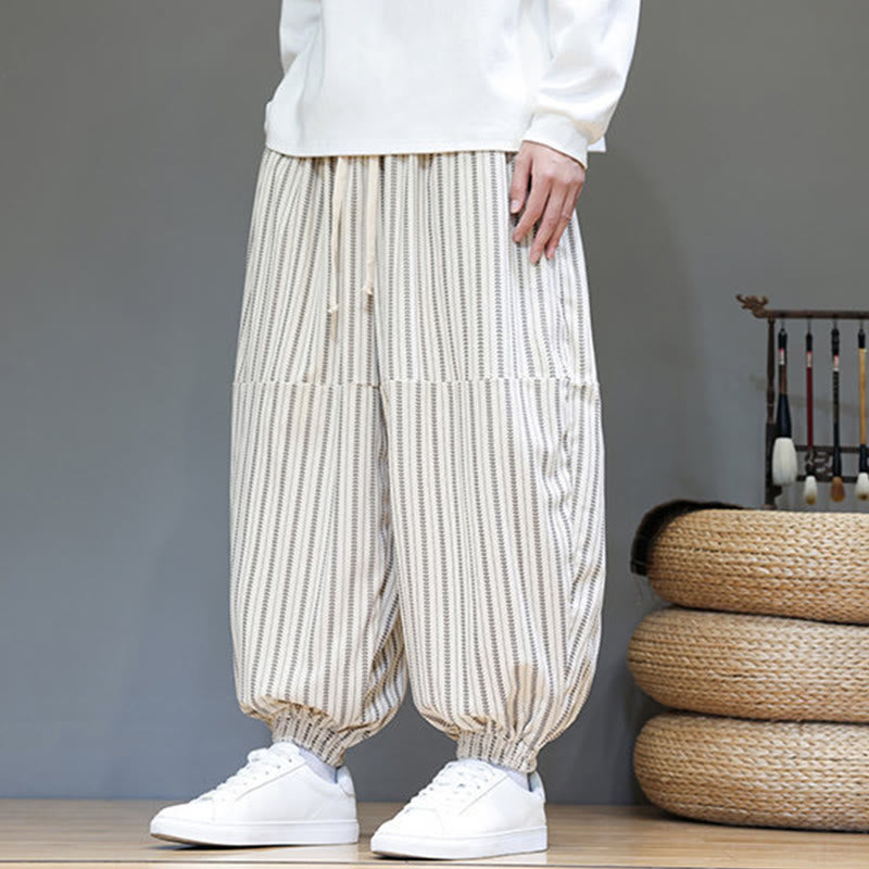 Fall Striped Pattern Drawstring Men's Harem Corduroy Pants With Pockets