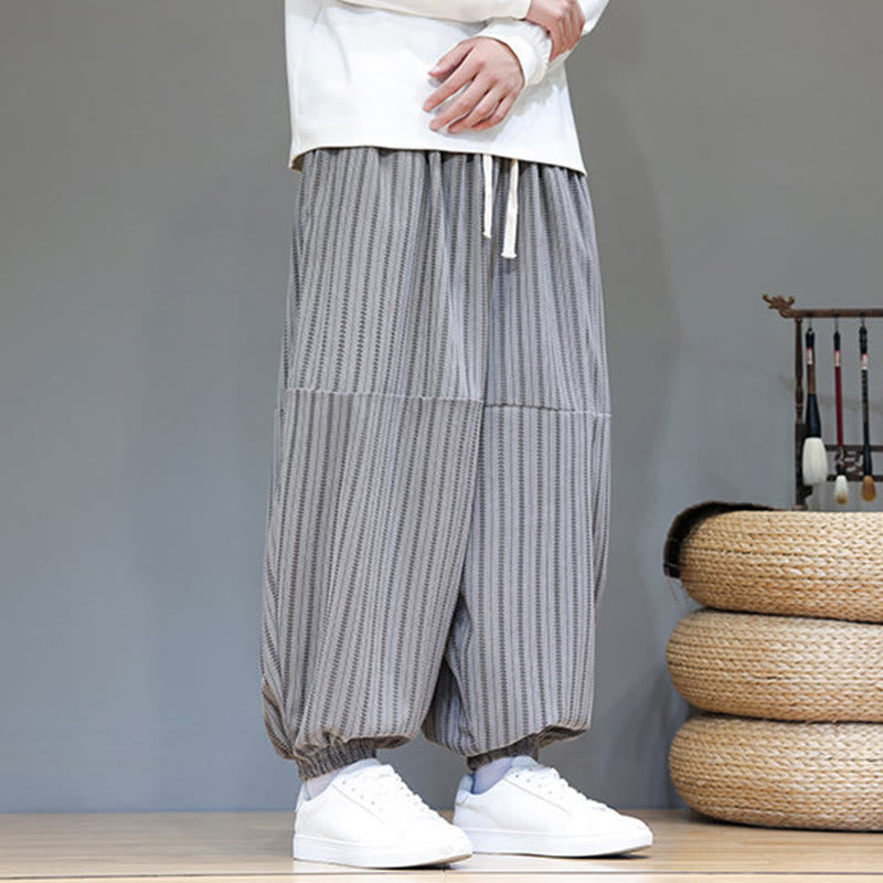Fall Striped Pattern Drawstring Men's Harem Corduroy Pants With Pockets