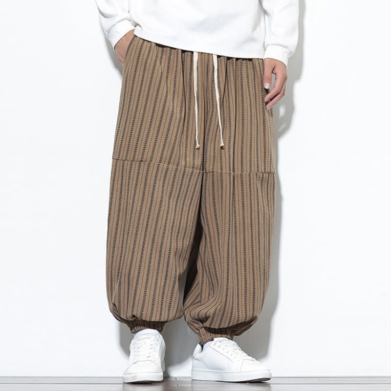 Fall Striped Pattern Drawstring Men's Harem Corduroy Pants With Pockets