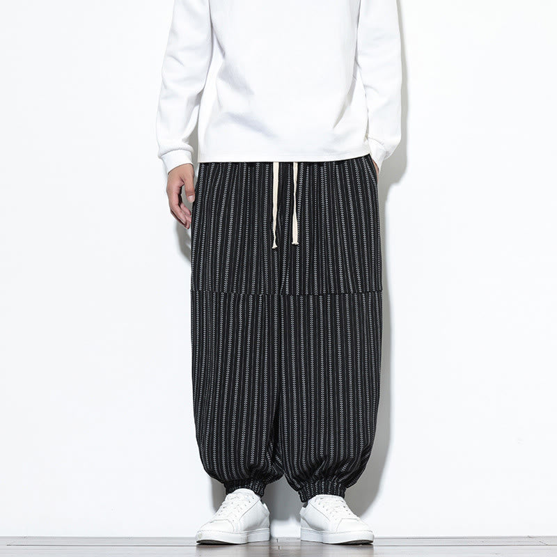 Fall Striped Pattern Drawstring Men's Harem Corduroy Pants With Pockets