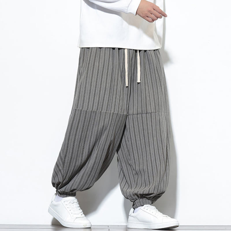 Fall Striped Pattern Drawstring Men's Harem Corduroy Pants With Pockets
