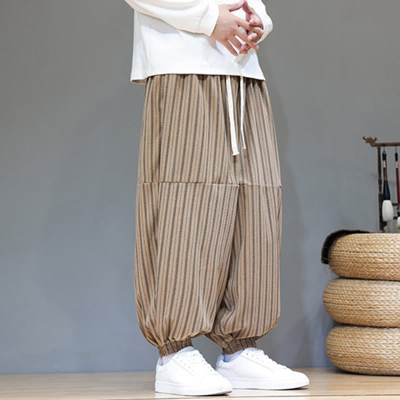 Fall Striped Pattern Drawstring Men's Harem Corduroy Pants With Pockets
