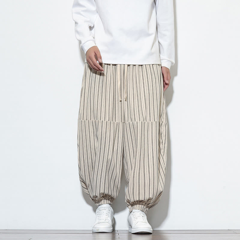 Fall Striped Pattern Drawstring Men's Harem Corduroy Pants With Pockets