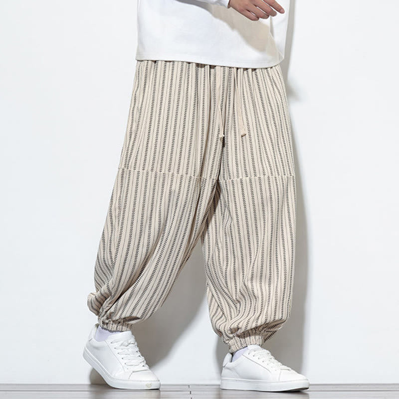 Fall Striped Pattern Drawstring Men's Harem Corduroy Pants With Pockets