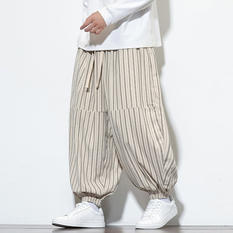 Fall Striped Pattern Drawstring Men's Harem Corduroy Pants With Pockets
