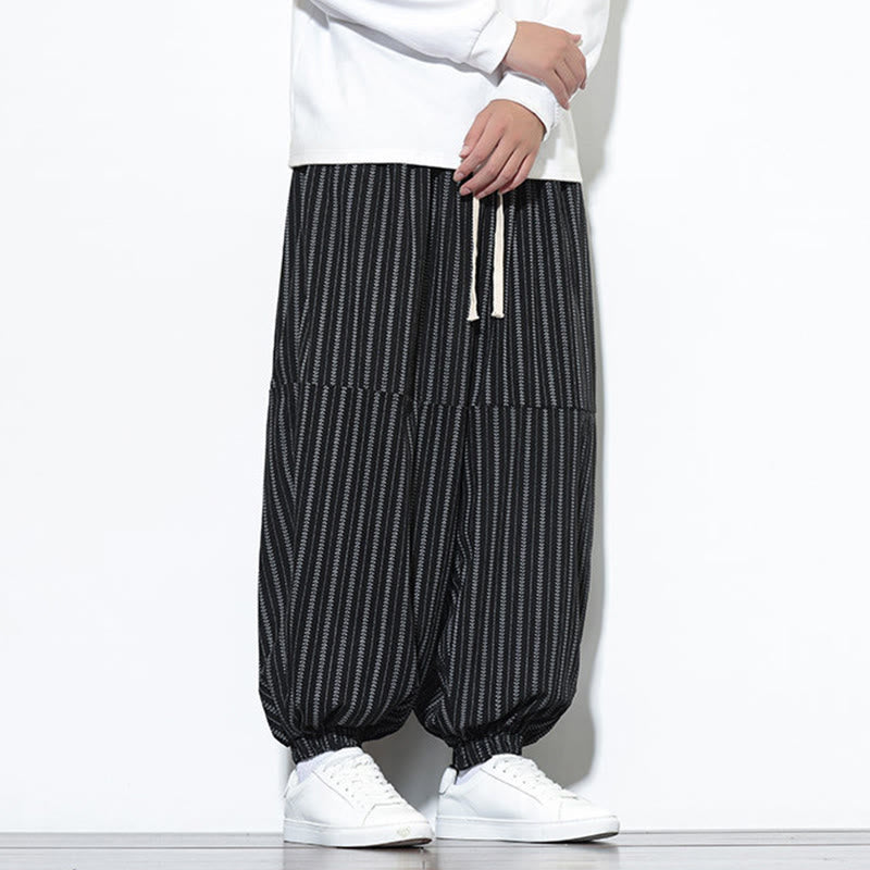 Fall Striped Pattern Drawstring Men's Harem Corduroy Pants With Pockets
