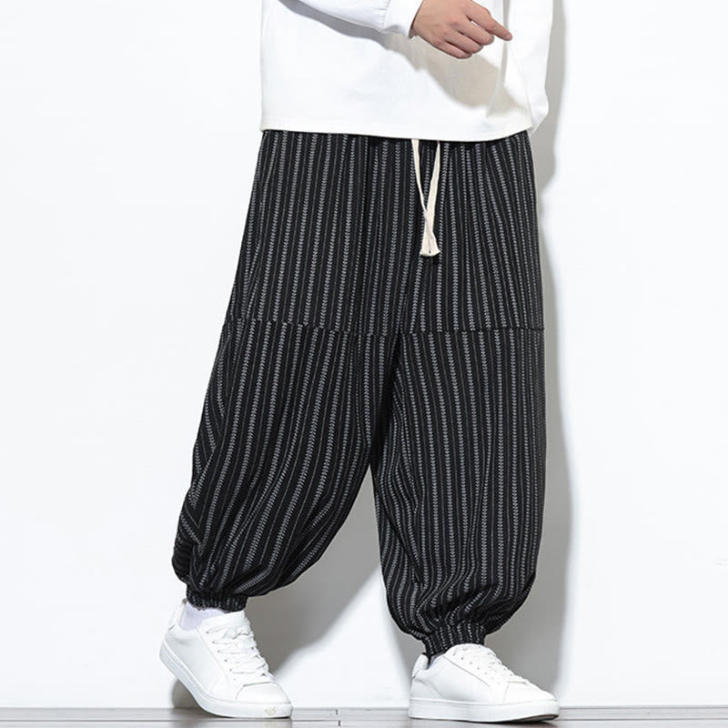Fall Striped Pattern Drawstring Men's Harem Corduroy Pants With Pockets