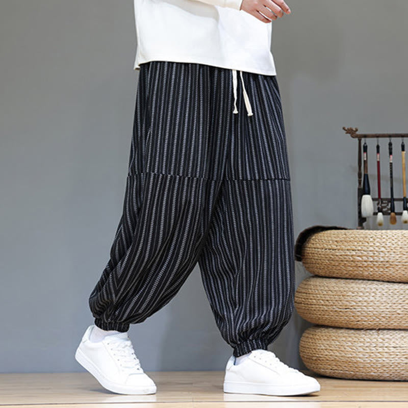 Fall Striped Pattern Drawstring Men's Harem Corduroy Pants With Pockets
