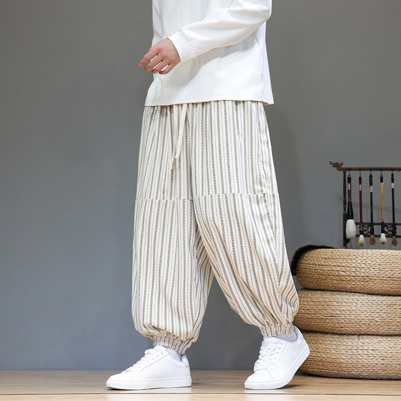 Fall Striped Pattern Drawstring Men's Harem Corduroy Pants With Pockets