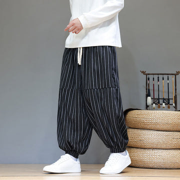 Fall Striped Pattern Drawstring Men's Harem Corduroy Pants With Pockets