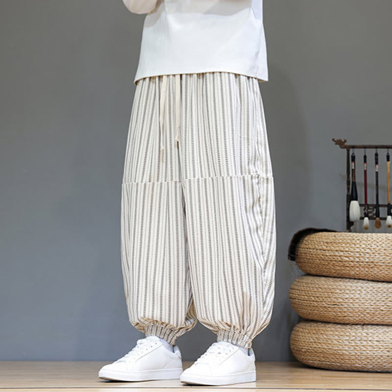 Fall Striped Pattern Drawstring Men's Harem Corduroy Pants With Pockets
