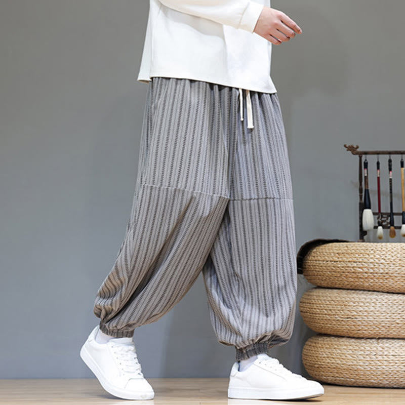 Fall Striped Pattern Drawstring Men's Harem Corduroy Pants With Pockets