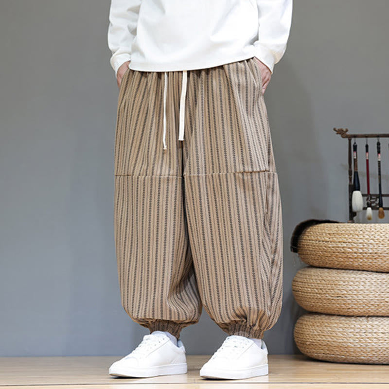 Fall Striped Pattern Drawstring Men's Harem Corduroy Pants With Pockets