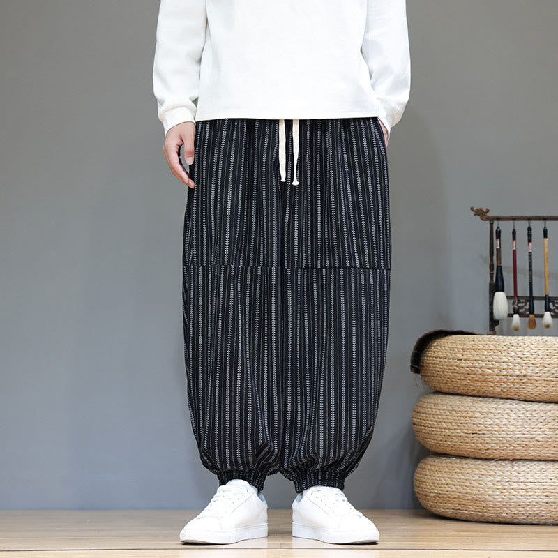 Fall Striped Pattern Drawstring Men's Harem Corduroy Pants With Pockets