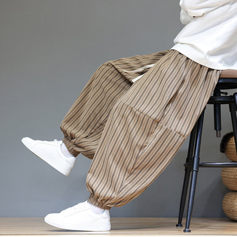 Fall Striped Pattern Drawstring Men's Harem Corduroy Pants With Pockets