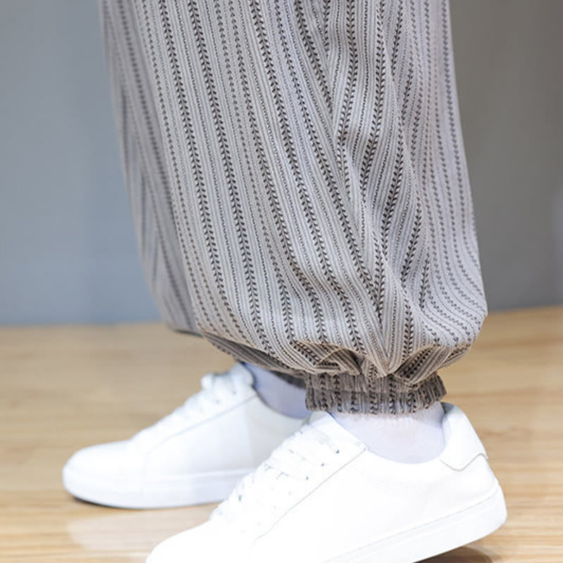 Fall Striped Pattern Drawstring Men's Harem Corduroy Pants With Pockets
